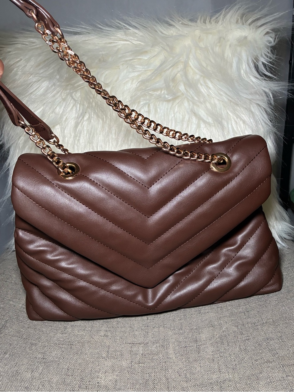Brown Quilted Shoulder Bag with Gold Straps